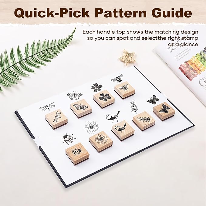 UCEC 9 Pack Vintage Wood Rubber Stamps for Crafting, Flower Butterfly Plant Bird Ladybird Dragonflies Honeybee Nature Stamps for Card Making & Scrapbooking, Floral Stamp for Painting Journaling DIY