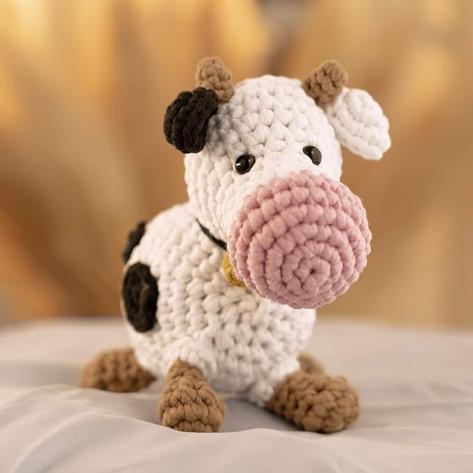 Amigurumi Crochet Kit for Beginners Adults and Kids, Learn to Crochet Kits for Adults Beginner with Easy Yarn, Stuffed Crochet Animal Kit with Step-by-Step Video Tutorials - Callie the Cow