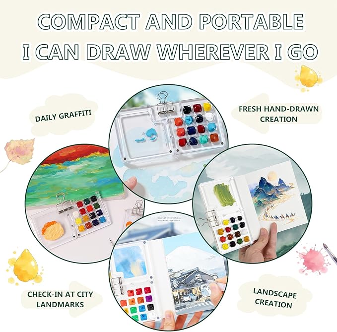 Portable Mini Watercolor Paint Set - All-in-One Travel Kit with Paints, Brushes, Palette, Bag, and Water Container - Perfect for Artists and Beginners-15 Grids