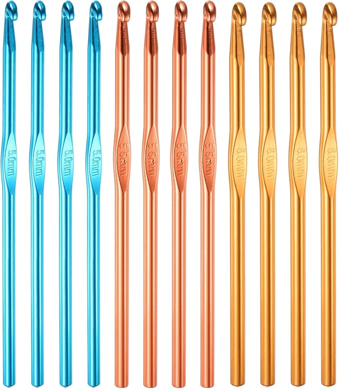 uxcell 12Pcs Aluminum Crochet Hook 5mm 5.5mm 6mm US Size 8 9 10 Knitting Needles for DIY Craft Yarn Blue Orange Gold