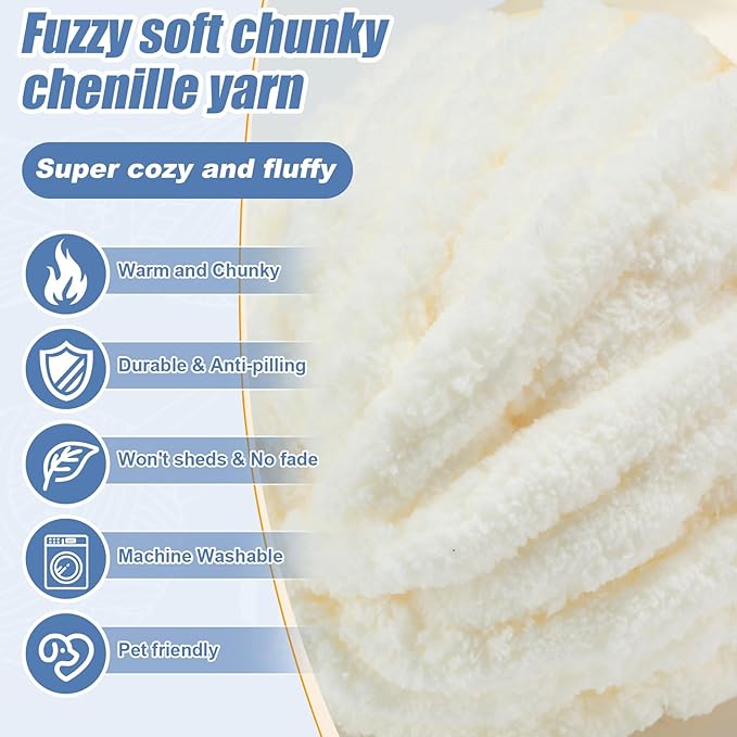 Chunky Yarn for Hand Knitting, Jumbo Chunky Yarn for Crocheting, Chunky Chenille Yarn, 8 Pack (32 yds 8.5 oz Each Skein),#7, Cream