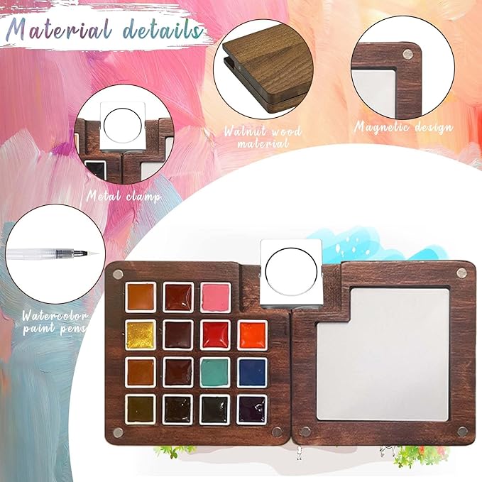 Mini Paint Palette Travel Kit - Mini Travel Watercolor Palette Set, Pocket Artist Water Color Travel Set with Colours, Watercolor Book, Binder Clips, Pens,Wooden Paint Box for Painters Artists Student