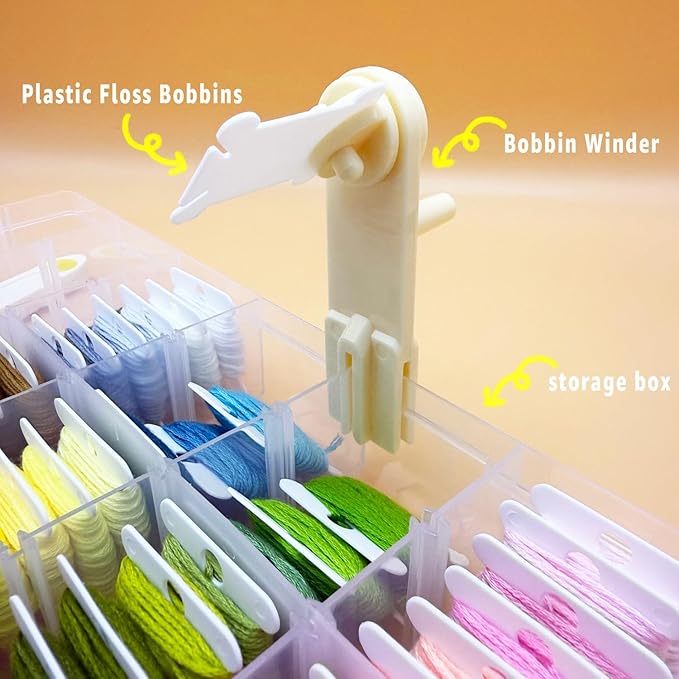 Embroidery Floss Organizer Cross Stitch Thread Storage Box Tools with 120 Pieces Floss Bobbins, Bobbin Winder, Scissor and Colour Stickers,Removable 18 Compartments Big Size Case