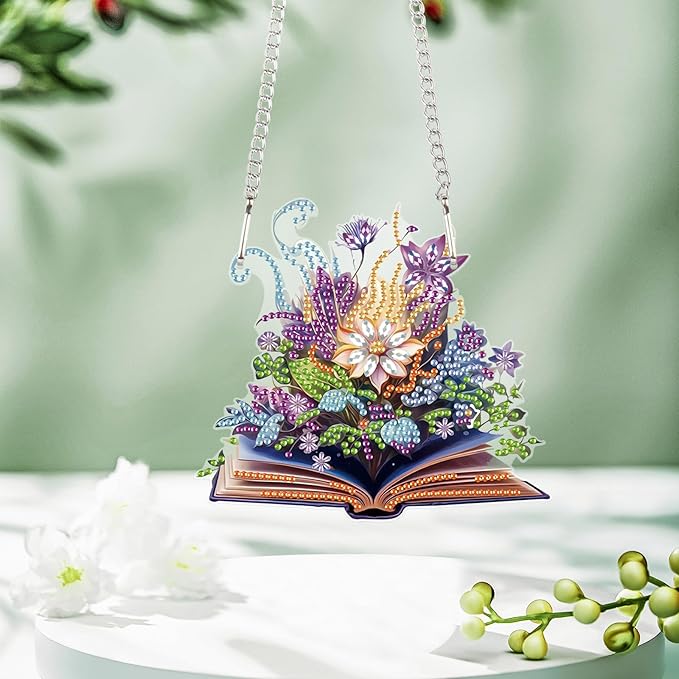 AiYuanzsh DIY 5D Diamond Art Hanging Pendant Kit – Flowers Blooming in the Book Design with Crystal Rhinestones, for Adults Door, Wall, Window, and Home Decoration