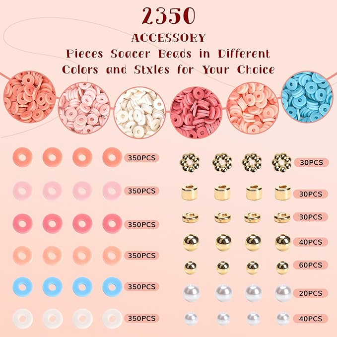 2350pcs Clay Beads for Bracelets Making, 6 Color Heishi Beads Polymer Clay Beads for Jewelry Making Supplies Charm, Friendship Bracelet Making Kit for Girl Women Adults (Pink)
