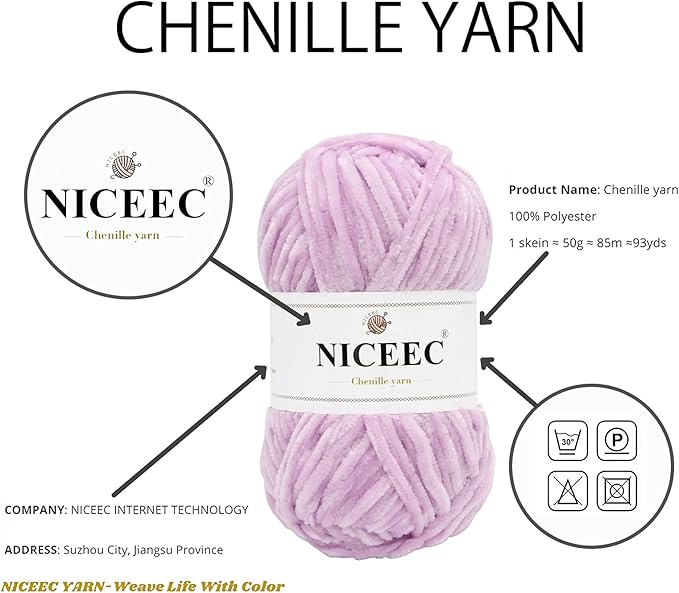 NICEEC 3 Skeins Soft Chenille Yarn Blanket Yarn for Knitting Fancy Yarn for Crochet Weaving DIY Craft Total Length 3×85m (3×93yds, 3×50g)_Purple