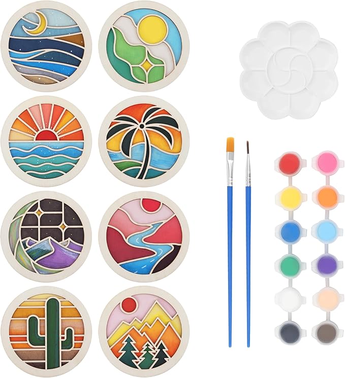Temlum Wooden Coasters Painting Kit, Paint You Own Coaster Wooden Painting Craft Kit for Adults and Beginners Art Craft Supplies (Landscape)