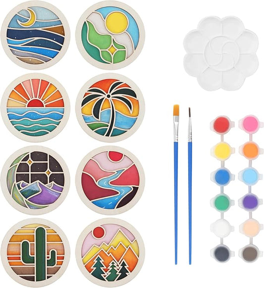Temlum Wooden Coasters Painting Kit, Paint You Own Coaster Wooden Painting Craft Kit for Adults and Beginners Art Craft Supplies (Landscape)