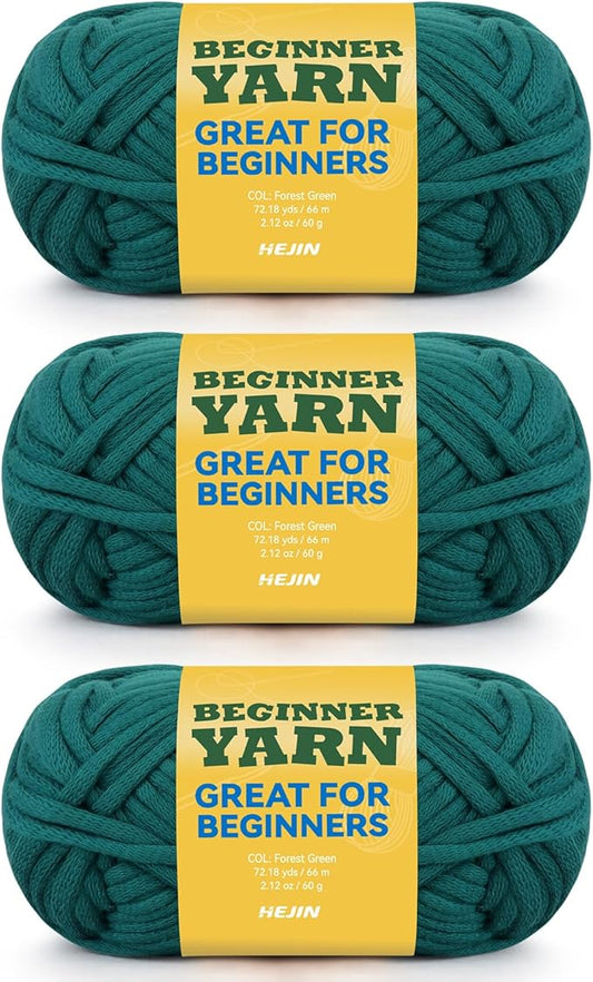 3x60g Forest Green Yarn for Crocheting and Knitting;3x66m (72yds) Cotton Yarn for Beginners with Easy-to-See Stitches;Worsted-Weight Medium #4;Cotton-Nylon Blend Yarn for Beginners Crochet Kit Making