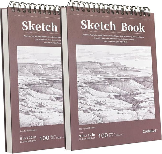 Crehatos 9" x 12" Sketch Book, Top Spiral Bound Sketch Pad, 100 Sheets Each 68lb/100gsm Drawing Paper, 2 Pack
