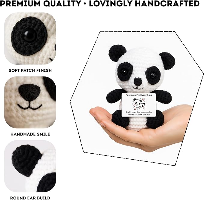 Handmade Mini Positive Crochet Animals Customizable Card Set with Positive Messages Emotional Support Crochet Birthday Gift for Woman Men Her him Motivational Desk Decor (Panda - Mom)