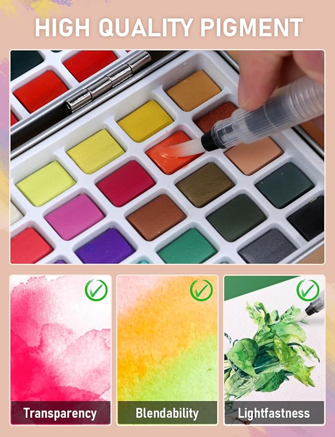 nicpro 100 colors watercolor paint set include metallic macaron & fluorescent, 8 synthetic squirrel painting brushes, 25 water color paper, palette, art supplies kit for artist adult beginner with gift box