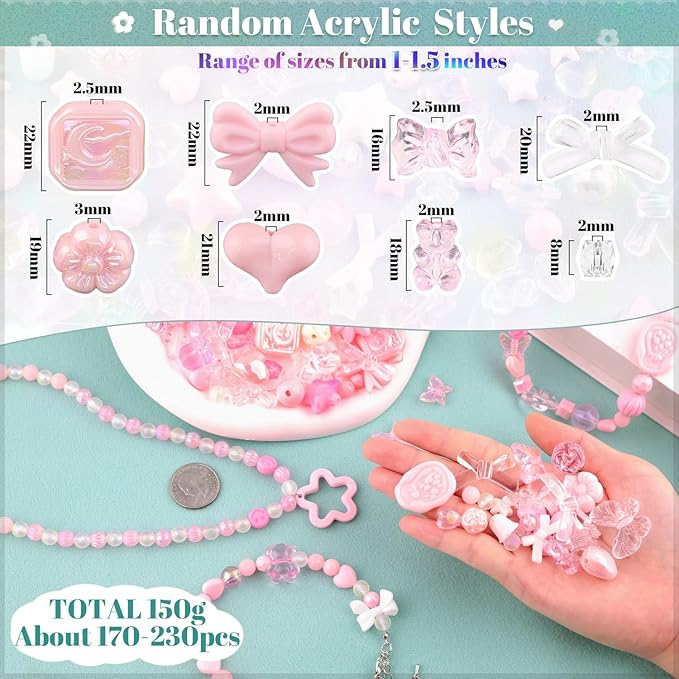 200-260pcs tinkrstuff assorted pink acrylic beads for bracelet making, cute beads for jewelry making,flower bow butterfly candy gummybear aesthetic bracelet charms diy necklace keychain phone charm
