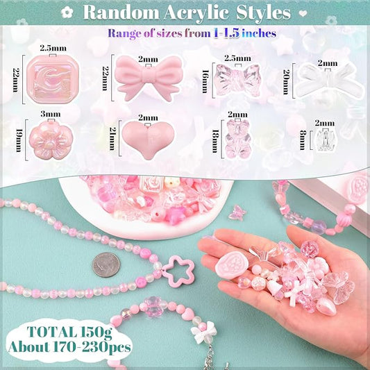 200-260pcs tinkrstuff assorted pink acrylic beads for bracelet making, cute beads for jewelry making,flower bow butterfly candy gummybear aesthetic bracelet charms diy necklace keychain phone charm