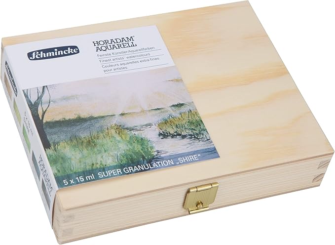 Schmincke - HORADAM® AQUARELL, Super- Granulation Set Shire, 5 x 15 ml tubes, 74 867 097, wooden box, very strong granulating colors, finest, supergranulating watercolors