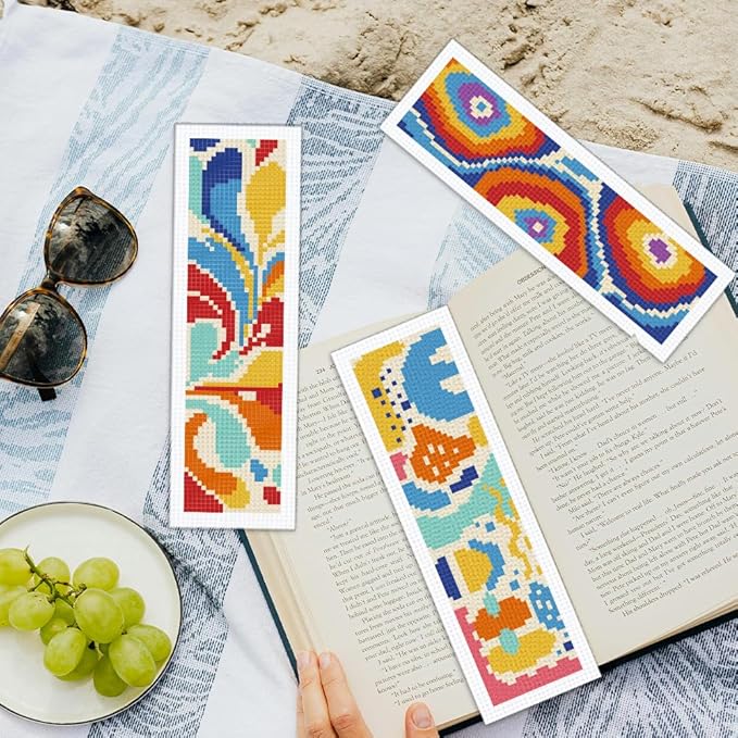 ORIGACH 6 Pcs Cross Stitch Bookmark Kit for Beginner Adults, Modern Abstract Stamped Embroidery Bookmark Kit with Instruction for Starters Printed Cross Stitch DIY Kits for Book Lovers