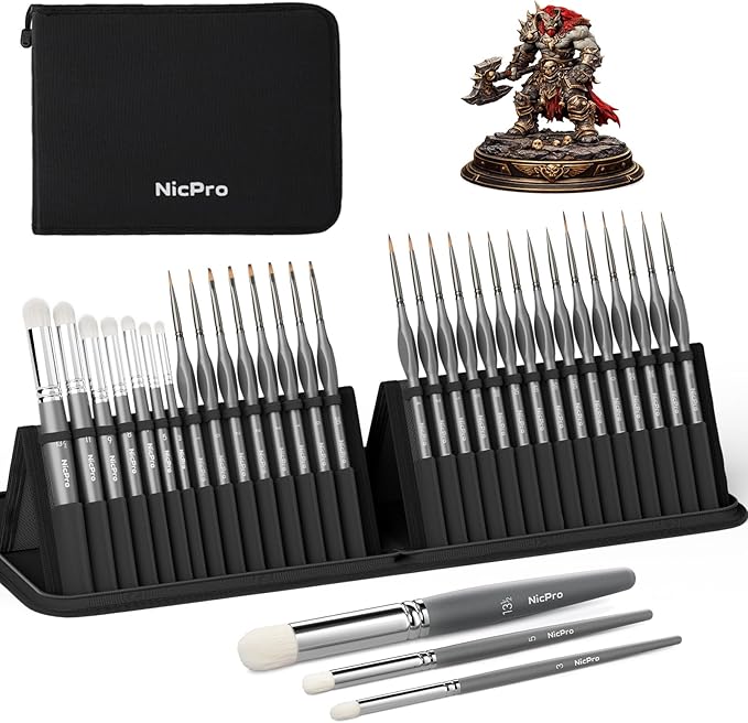 Nicpro Miniature Paint Brushes Dry Brush - 30 PCS Model Paint Brush Set with Nylon Case for Acrylic, Oil, Watercolor, Detail Paint Brush Drybrush for Model, Miniature Painting, Paint by Numbers, Craft
