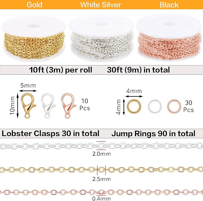 jishi 30ft jewelry making chains bulk 2mm necklace chains, jewelry making supplies, diy craft earring bracelet making findings, 3-colors gold silver rose gold plated metal rolo cable link chain rolls