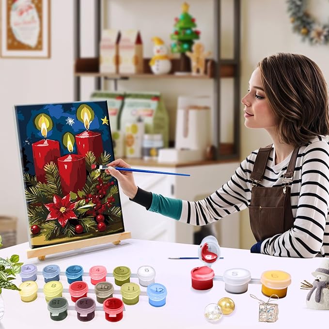 JOOZ Paint by Numbers Kit for Adults Framed Christmas Paint by Number with Easel Christmas Candles Adult Paint by Number Kits Framed Canvas DIY Oil Painting Kits for Home Wall Decor 8x12 Inch