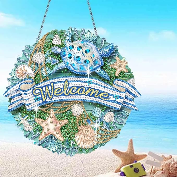 Welcome Sign Diamond Art Kits for Adults 5D Diamond Hanging Ornament Kits for Front Door DIY Special Shaped Crystal Art Suncatcher Porch Crystal Hanging Pendant Ornament (Welcome02)