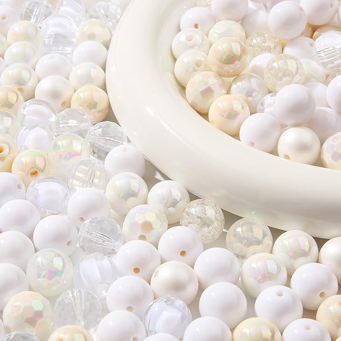 16mm Acrylic Bead 100pcs White Focal Spacer Bead Chunk Bubblegum Beads for DIY Crafting Necklace Bracelet Jewelry Making Keychain (White)