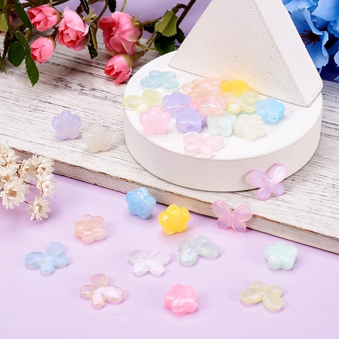FASHEWELRY 140Pcs Acrylic Butterfly Flower Beads for Bracelet Making Assorted Cute Pony Bead Glitter Kawaii Beads Bulk Colorful Kandi Bracelet Bead for Jewelry Making