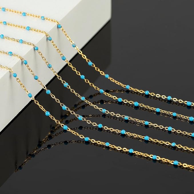 KYUNHOO Light Blue Beaded Chain Spool Gold Plated Jewelry Making Chain Necklace with Lobster Clasps and Jump Rings for Jewelry Crafts DIY Making Finding Supplies