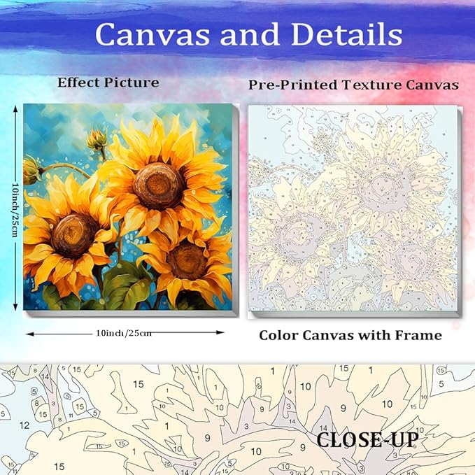 JUJUHOOD Sunflower Flower Framed Paint by Numbers Kit for Adults Beginner & Kids Ages 8-12, Acylic Paint by Number Without Easel,Watercolor Paint by Numbers for Gift Home Wall Decor (10x10Inch)