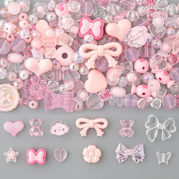 LAIDANLA Acrylic Pink Beads for Bracelets, Aesthetic Cute Pink Beads for Jewelry Making DIY Necklace Keychain Phone Charm Assorted Random Mixed Kawaii Bead Charms 160g