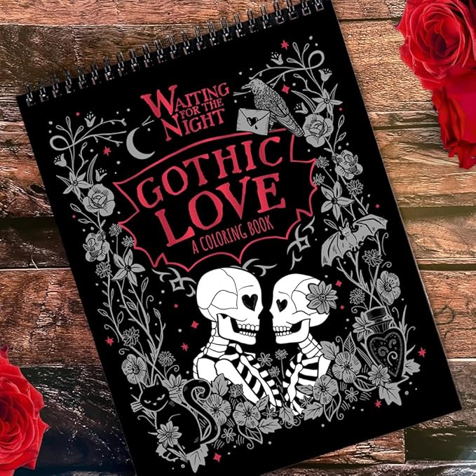 Conquest Journals Waiting for The Night Gothic Love Coloring Book, Goth Valentine's Day-Inspired Designs to Color, 30 Perforated Pages, Top-Spiral, Durable Bookboard-Wrapped Back Cover, 8'' x 10.5''