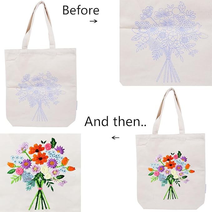 CREAWONDER Canvas Tote Bag Embroidery Kit with Pattern for Beginners, Arts and DIY Embroidery Crafts Kits for Adults, Include Instructions, Thimble, Embroidery Hoops, Color Threads and Tool