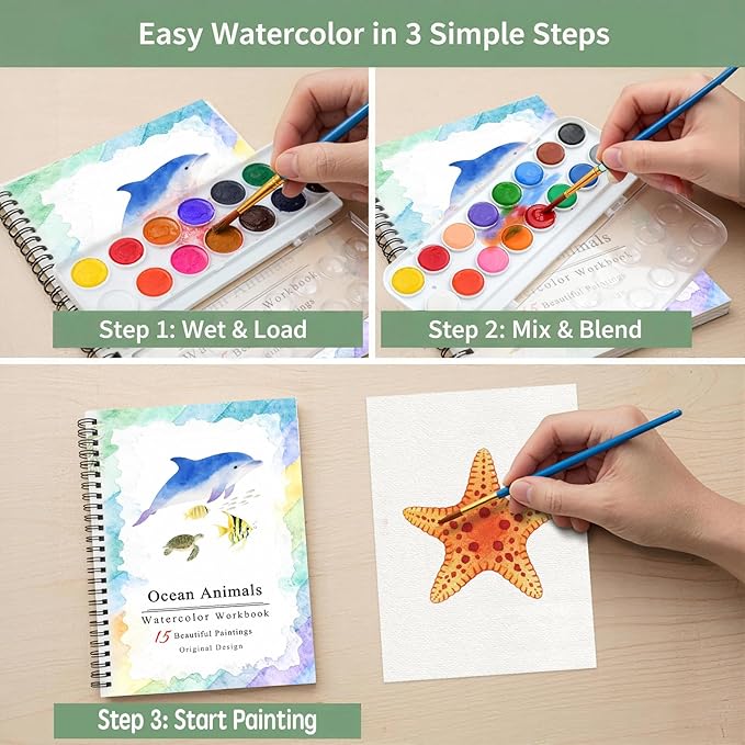 SLWBZ Watercolor Workbooks Coloring Book, Beginner Friendly Painting Kit, Easy Exquisite with Steps, Creative Exploration Watercolor Book with Paint Set for Adults Teens (Dolphin, with Paint)