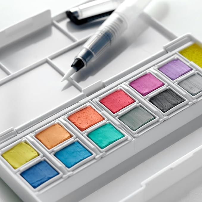Derwent Pastel Shades Paint Set, Professional Quality Long Lasting Colors, Highly Pigmented Palette, Portable, Travel Set Includes 12 Paint Pans, Mini Waterbrush, Mixing Palettes, Sponge