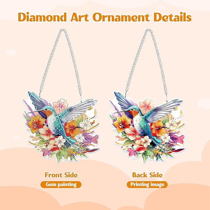 GHHKUD Hummingbirds Diamond Painting Pendant Ornament for Adults Kids, Double Sided Flowers Diamond Art Hanging Pendant, DIY Special Gem Painting Board Kit for Window Home Decor