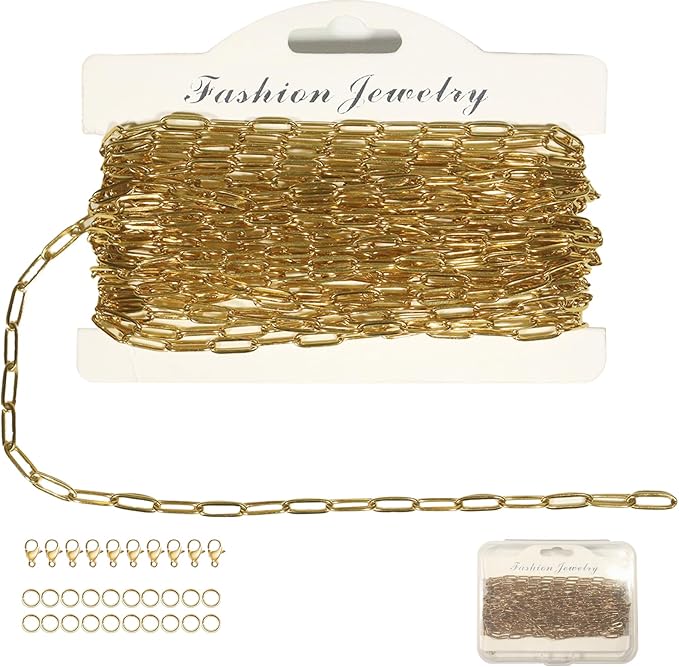 19.7FT 18K Gold 3mm Width PVD Plated Necklace Chain for Jewelry Making Paperclip Chain Roll with Lobster Clasps and Jump Rings for Men Women Making Jewelry Craft