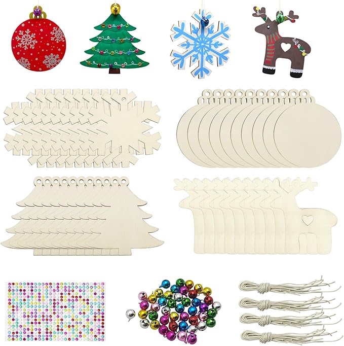Hidreas 40 Pcs Wooden Ornaments Unfinished Christmas DIY Ornaments Craft Kit, Christmas Wood Ornaments with Bells, Wax Rope and Rhinestone Stickers for Children Arts and Crafts Supplies