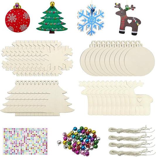Hidreas 40 Pcs Wooden Ornaments Unfinished Christmas DIY Ornaments Craft Kit, Christmas Wood Ornaments with Bells, Wax Rope and Rhinestone Stickers for Children Arts and Crafts Supplies