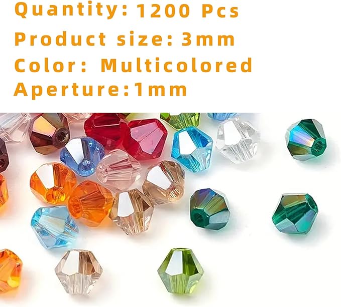 laopottbeads 1200pcs 3mm bicone crystal glass beads for jewelry making, sparkling mini beads for suncatchers, diy bracelets & craft projects (multicolored)