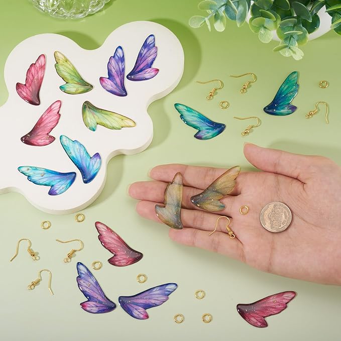FASHEWELRY 16Pcs Resin Butterfly Wing Charms Colorful Feather Earring Charms Transparent Insect Wings Pendants with Jump Rings Earrings Hooks for DIY Earring Jewelry Making Kits