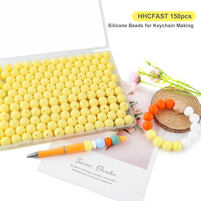 150Pcs 15mm Silicone Beads for Keychain Making Bracelet Necklace, Bulk Round Silicone Beads for Pens(Cream Yellow