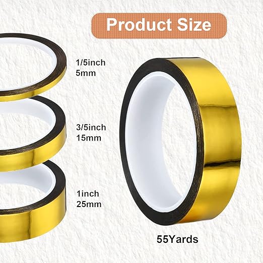 3 Rolls Tape, Self Adhesive Metalized Polyester Film Tape, Washi Tape for Gift Packaging Detailing Accent Walls Graphic Arts for Cars and Boats Trim, 3 Sizes (Gold)