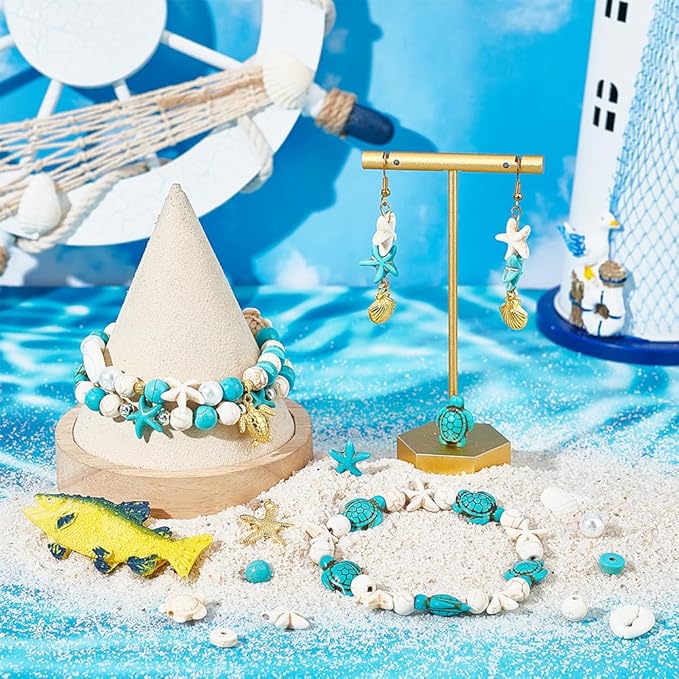 SUNNYCLUE 1 Box 292Pcs Sea Turtle Beads Seashell Starfish Beads Lucky Turquoise Spacers Ocean Summer Hawaii Sea Animal Shell Charms for Jewelry Making Beading Kits Women Adult Gift Supplies