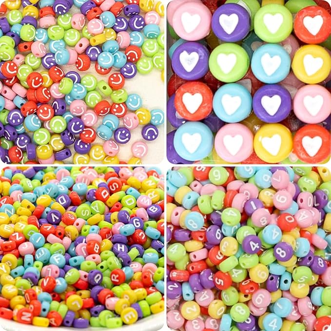 nikkiGuo 1250 PCS Letter Beads Kit with Elastic Cord – Alphabet A–Z, Numbers, Heart, Moon, Star, Smiley Beads for Friendship Bracelets & DIY Jewelry (Colorful Beats & White Letters)