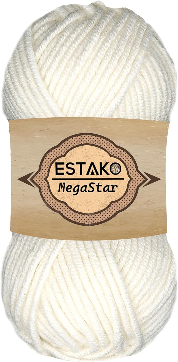 Estako Megastar, 75% Acrylic 25% Wool Yarn, Soft, Chunky Bulky Weight #5 for Crochet and Knitting 3.52 Oz (100g) / 120 Yrds (110m) (60187-White)