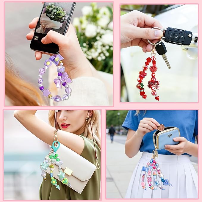 TOHONGADON 2200 PCS DIY Bag Charm Kits, Assorted 8 Colors Acrylic Heart Star Flower Letter Alphabet Beads, Beaded Keychain Making Kit for Women, Keychain Jewelry Making Kit with Beads