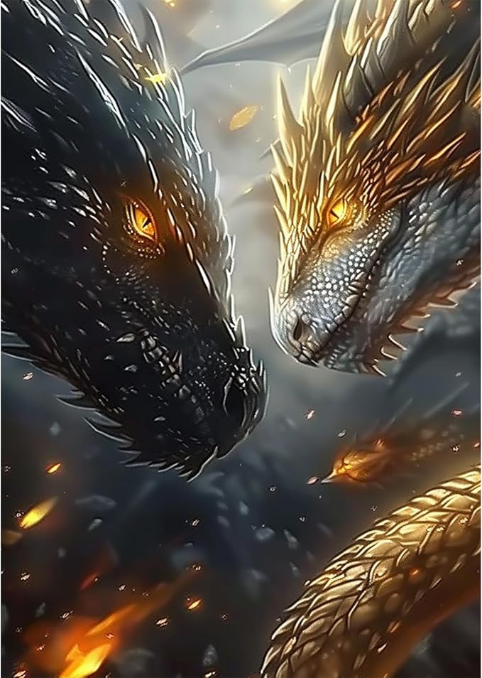 SENQAO 5D Diamond Painting Kits for Adults, Black Golden Dragons Diamond Art Kits for Adults Beginner, DIY Full Drill Diamond Dot Gem Painting for Home Wall Decor 12x16 inch