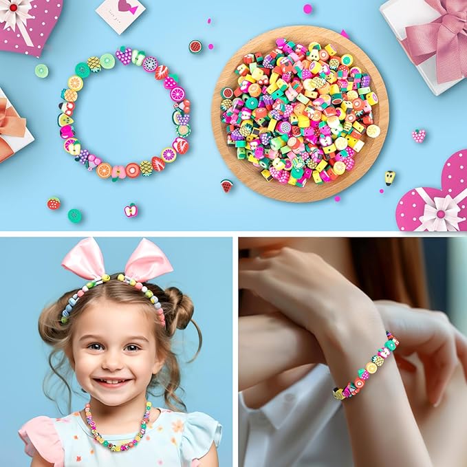 500 Pcs Fruit Polymer Clay Beads Charms for Crafts with Elastic String for Making Bracelet Necklace Craft Decoration DIY Crafts
