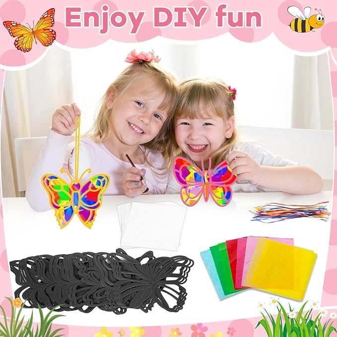 32 Sets Spring Butterfly Suncatchers Craft Kit DIY Window Stained Glass Effect Colorful Butterfly Paper Crafts Home School Classroom Decoration Birthday Gift Creative Art Project & Activity Game