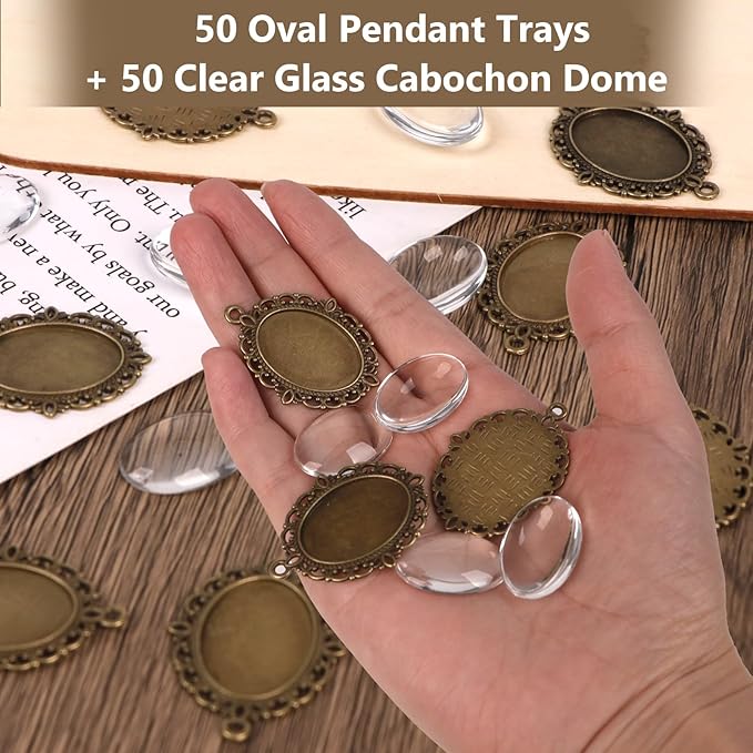 100 Pcs Bezel Pendant Blanks Settings, 50 Oval Pendant Trays Photo Charms with 50 Clear Glass Cabochon for Jewelry Making, DIY Blank Bezels Trays Kit for Crafts, 25x18mm (Antique Bronze)