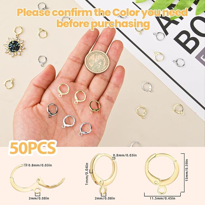 50pcs 18k gold filled earring hooks for jewelry making, round lever back earrings jump french hook, earring supplies findings ear wire with open loop for diy designs earring making (silver)